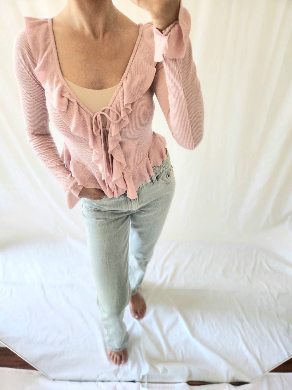 Free People Pale Pink Ruffle Tie-Front Blouse